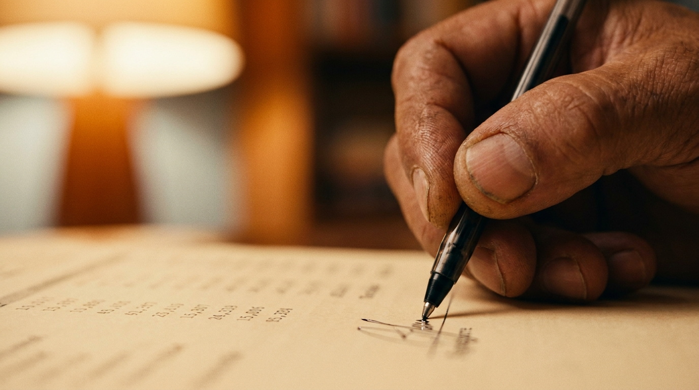 Mano firmando una factura en papel bajo luz cálida