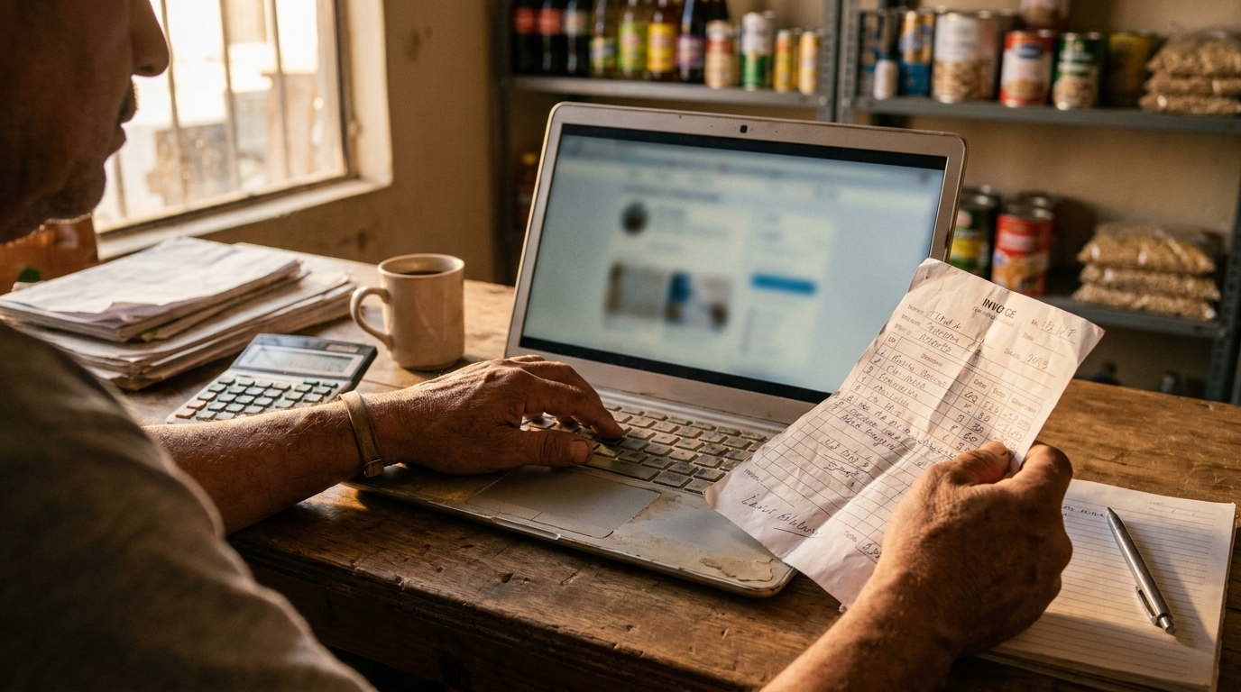 Dueño de tienda en Honduras revisando una factura impresa frente a su laptop